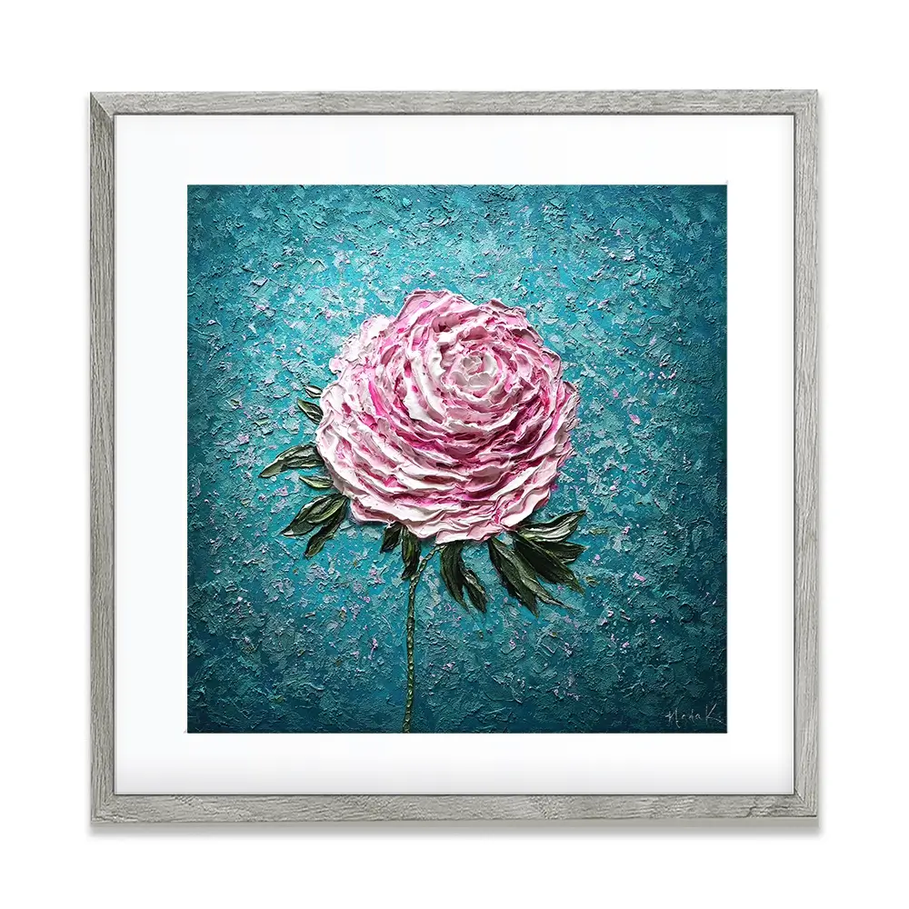 Pink Peony On Blue Square Framed Art Print Pink Peony On Blue Square Framed Art Print wall art product Nada Khatib