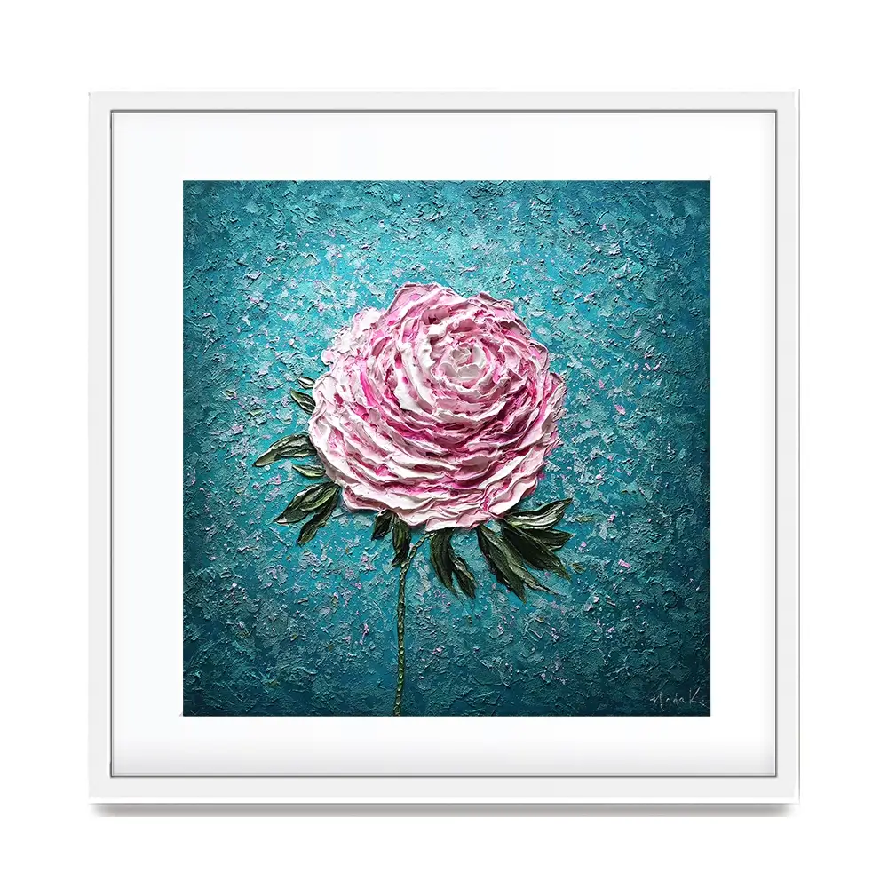Pink Peony On Blue Square Framed Art Print Pink Peony On Blue Square Framed Art Print wall art product Nada Khatib