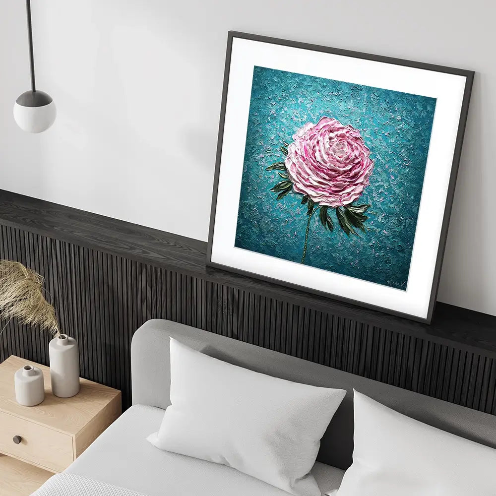 Pink Peony On Blue Square Framed Art Print Pink Peony On Blue Square Framed Art Print wall art product Nada Khatib