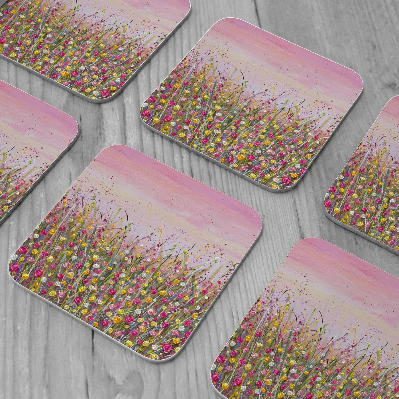 Pink Sky Flower Field Coaster Set Rainbow Soul Tree Coaster Set | Rainbow Soul Tree Art Coasters wall art product Olga Tkachyk