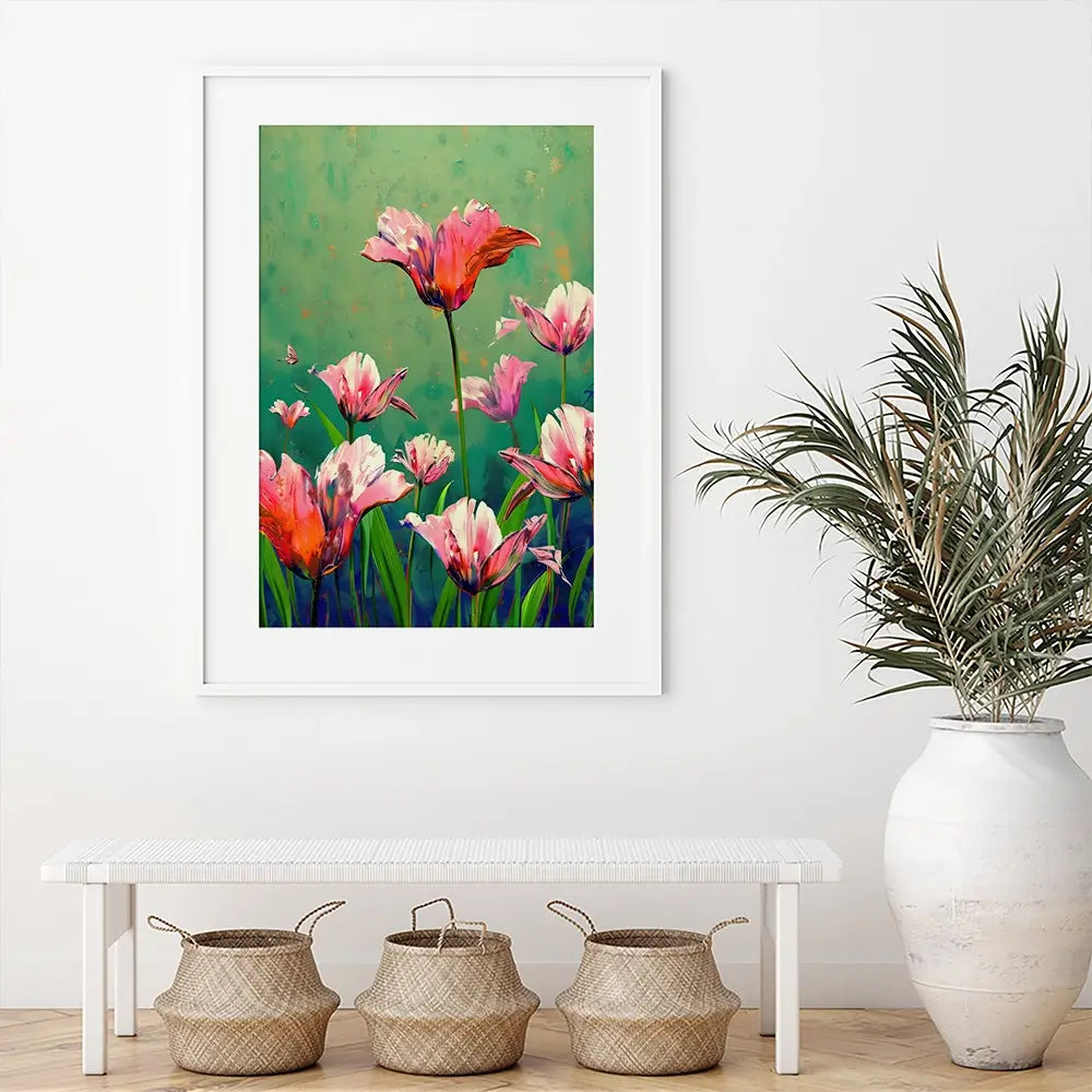 Pink Tulips Vivid Green Framed Art Print Pink Tulips Vivid Green Framed Art Print wall art product Treechild