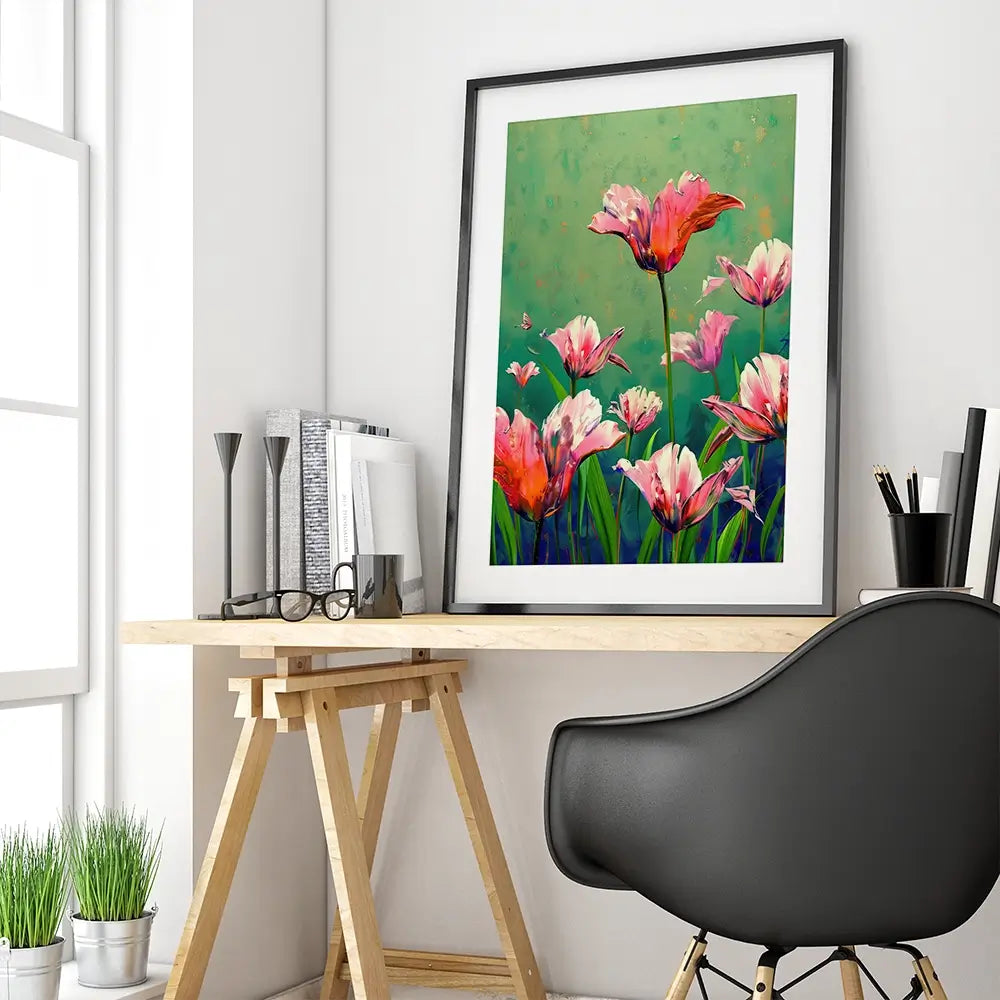 Pink Tulips Vivid Green Framed Art Print Pink Tulips Vivid Green Framed Art Print wall art product Treechild