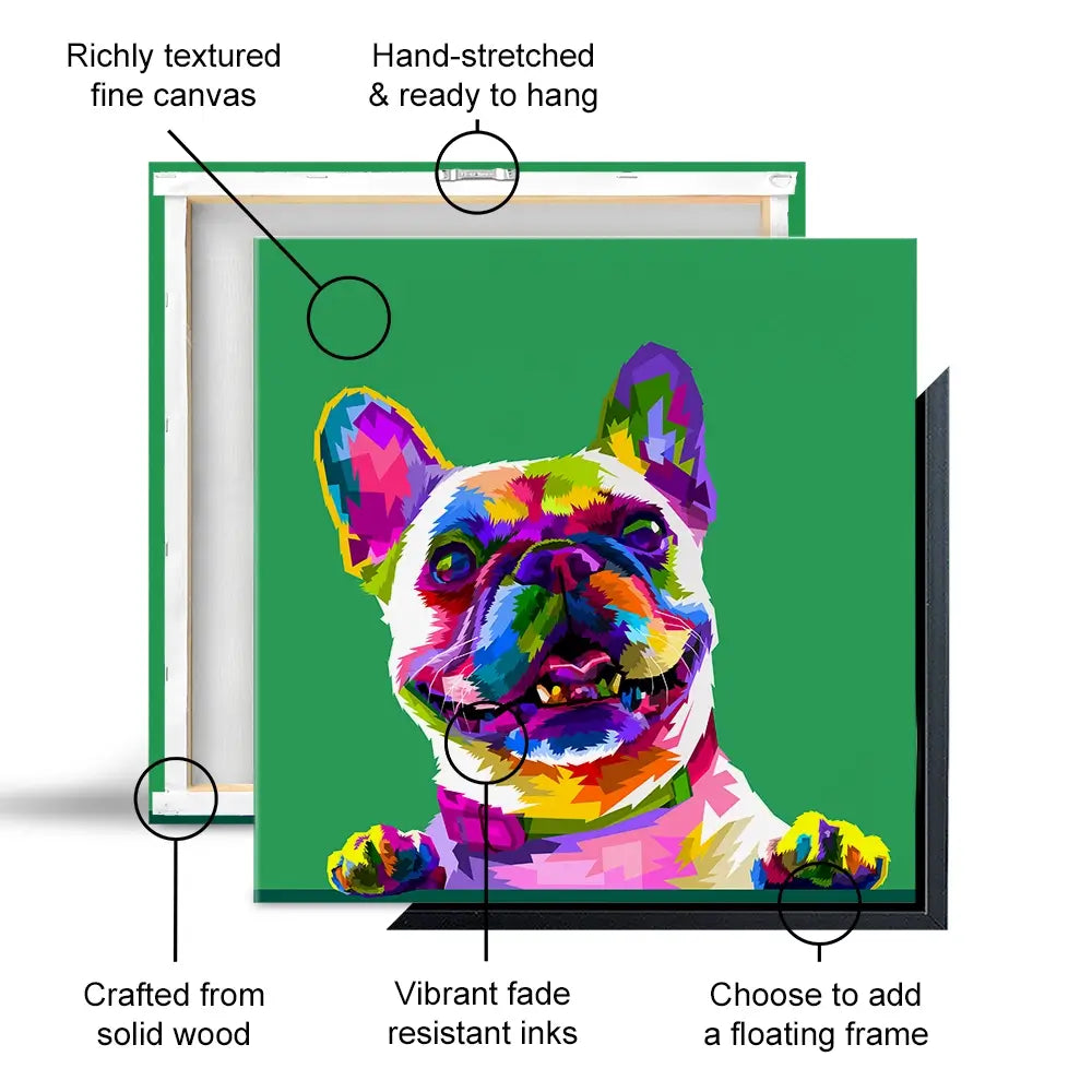 Pop Art Frenchie Square Canvas Print Pop Art Frenchie Square Canvas Print wall art product rainbow zoo / Shutterstock