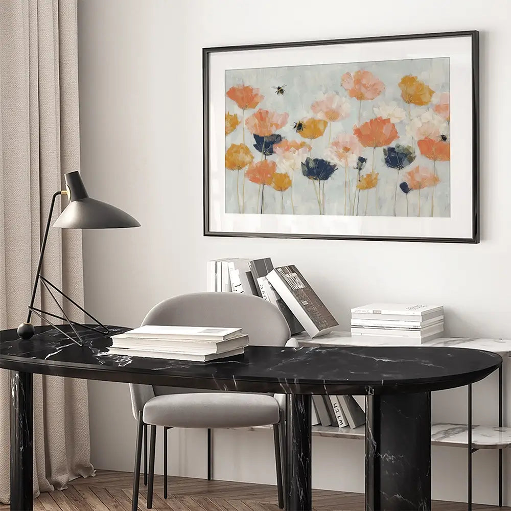 Poppies And Bees In Meadow Framed Art Print Poppies And Bees In Meadow Framed Art Print wall art product Chromatic Storm Studio