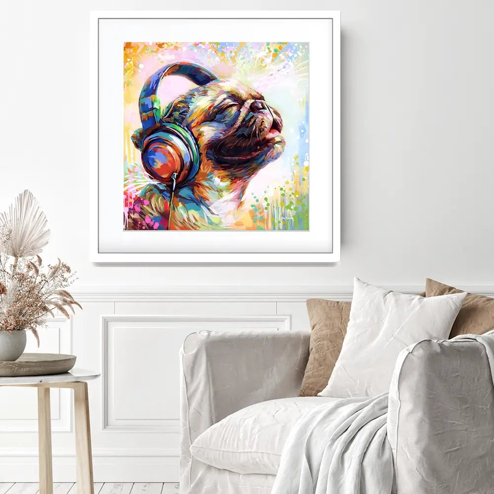 Pug's Beat Bliss Square Framed Art Print Pug's Beat Bliss Square Framed Art Print wall art product Leon Devenice