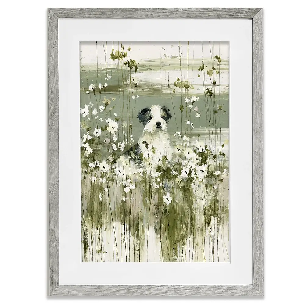 Puppy In The Meadow Framed Art Print Puppy In The Meadow Framed Art Print wall art product Chromatic Storm Studio