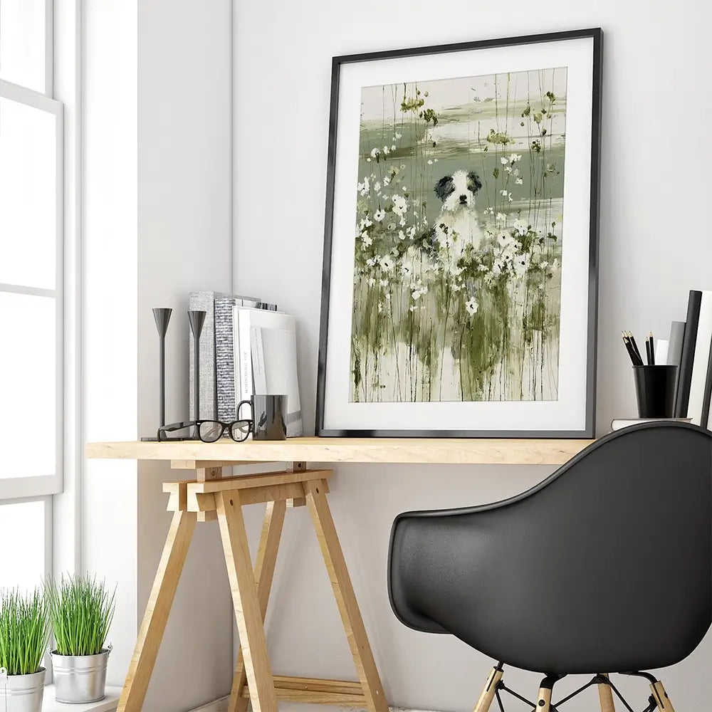 Puppy In The Meadow Framed Art Print Puppy In The Meadow Framed Art Print wall art product Chromatic Storm Studio