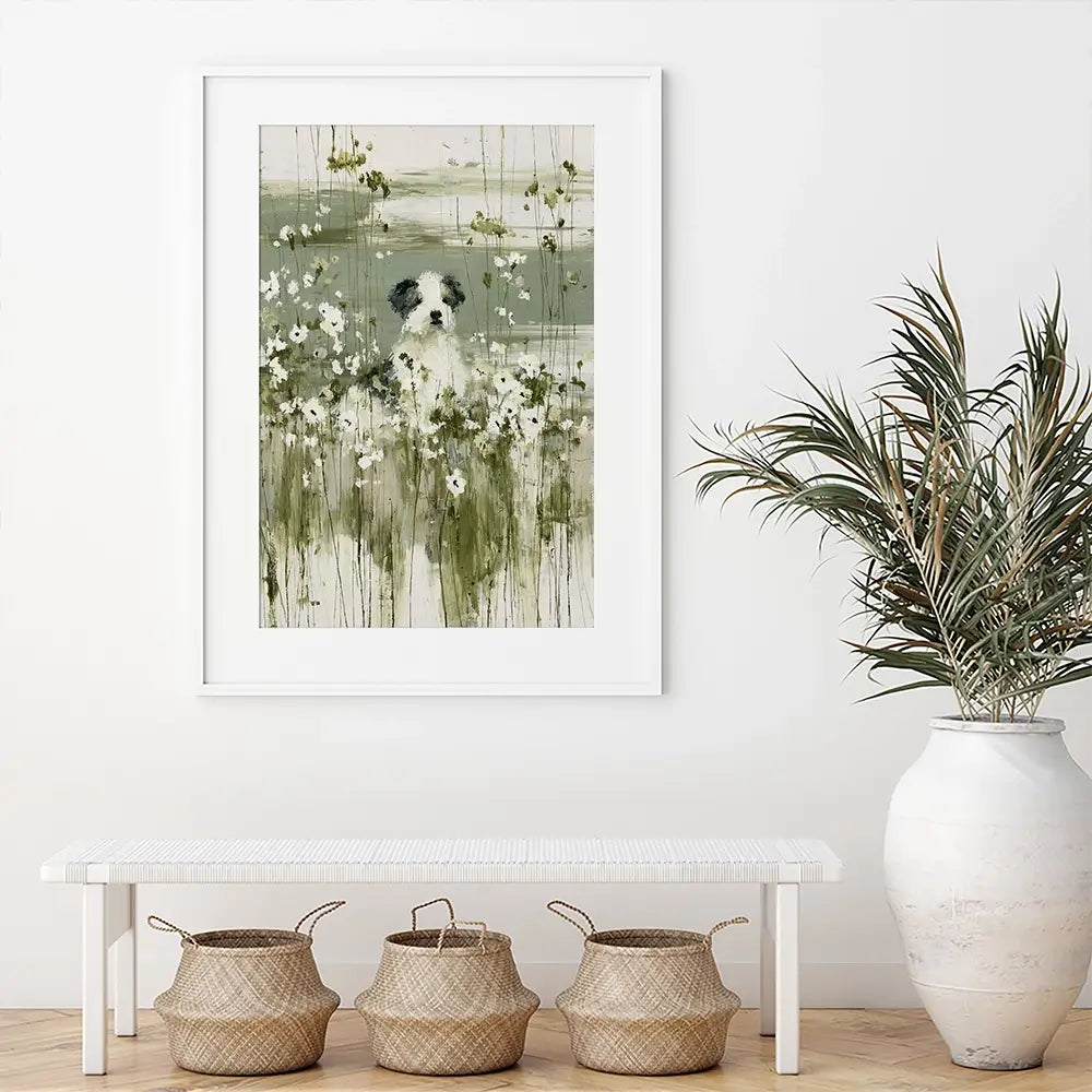 Puppy In The Meadow Framed Art Print Puppy In The Meadow Framed Art Print wall art product Chromatic Storm Studio