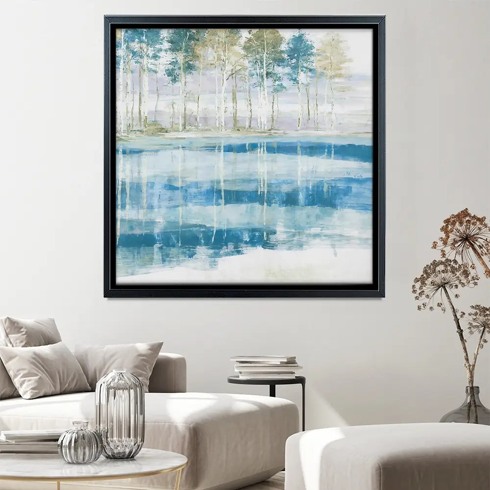 Quiet Lake Tree Reflection Square Canvas Print Quiet Lake Tree Reflection Square Canvas Print wall art product Chromatic Storm Studio