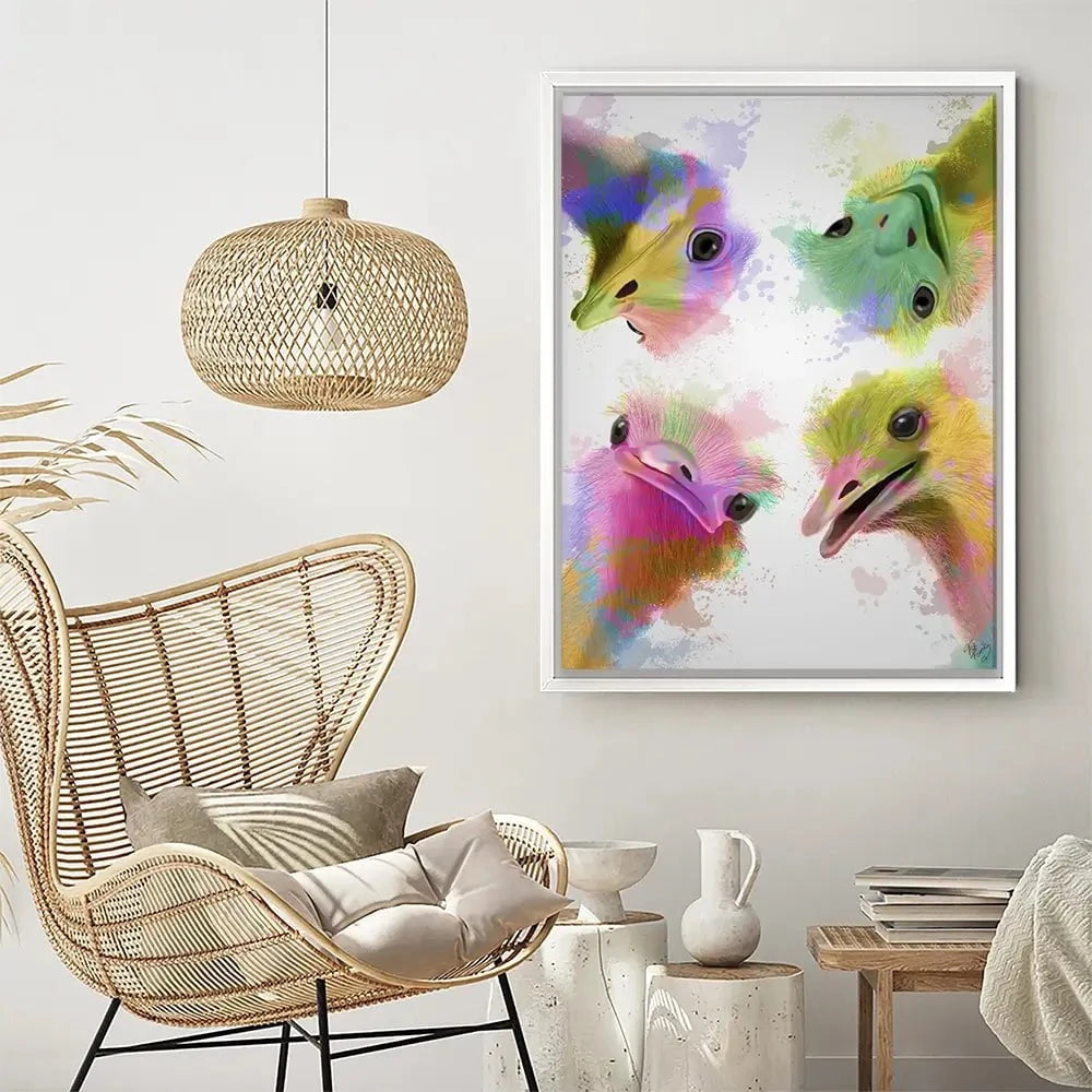 Rainbow Splash Four Ostriches Canvas Print Rainbow Splash Four Ostriches Canvas Print wall art product Fab Funky