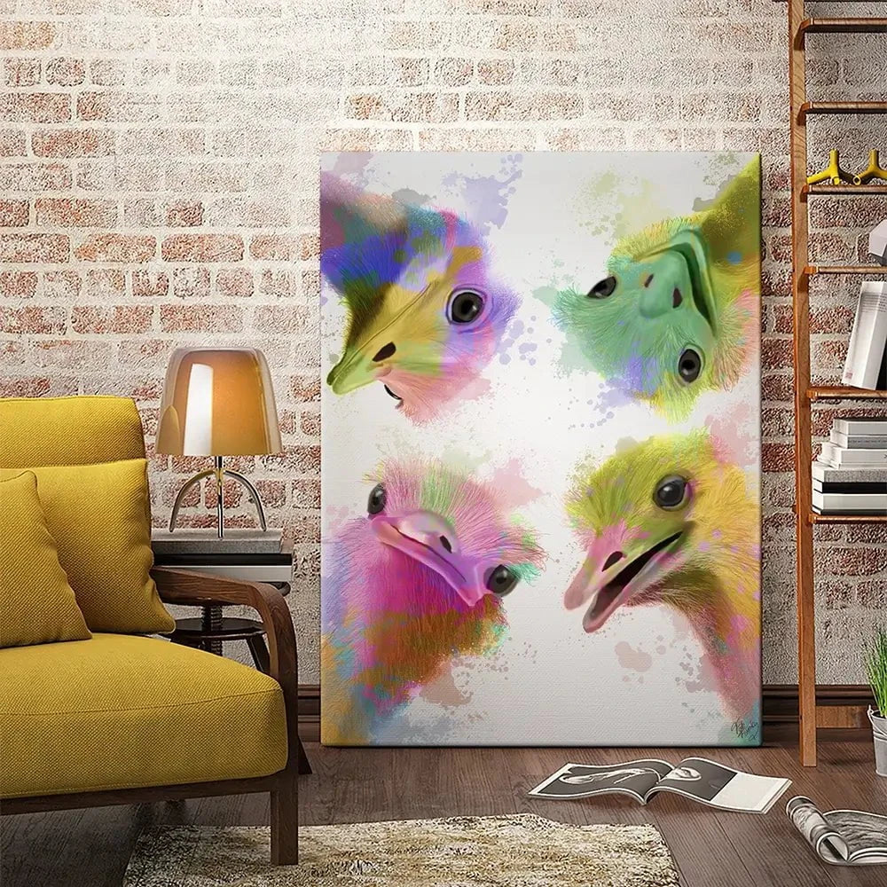 Rainbow Splash Four Ostriches Canvas Print Rainbow Splash Four Ostriches Canvas Print wall art product Fab Funky