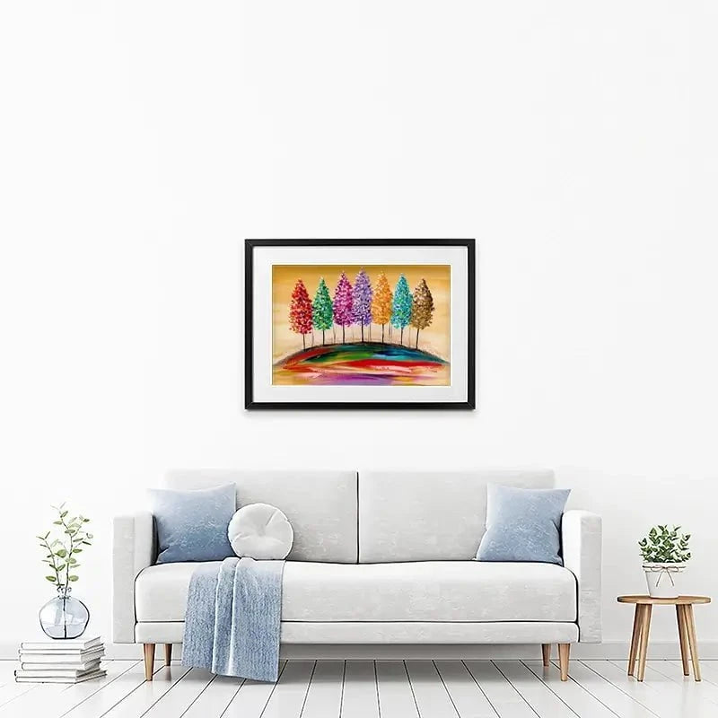 Rainbow Trees On The Hill Framed Art Print Rainbow Trees On The Hill Framed Art Print wall art product Estelle Grengs - Independent
