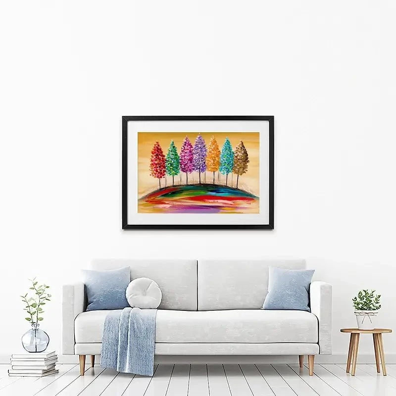 Rainbow Trees On The Hill Framed Art Print Rainbow Trees On The Hill Framed Art Print wall art product Estelle Grengs - Independent