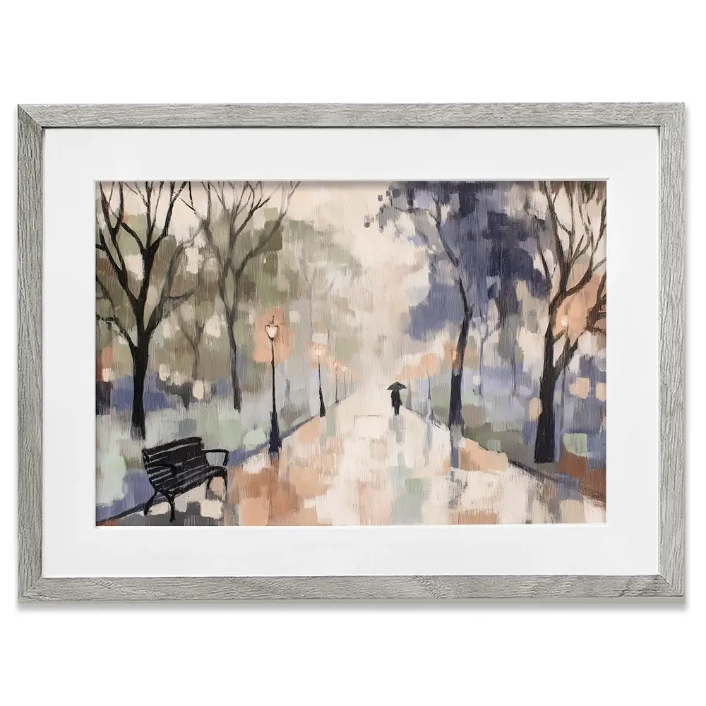 Rainy Day Park Stroll Framed Art Print Rainy Day Park Stroll Framed Art Print wall art product Chromatic Storm Studio