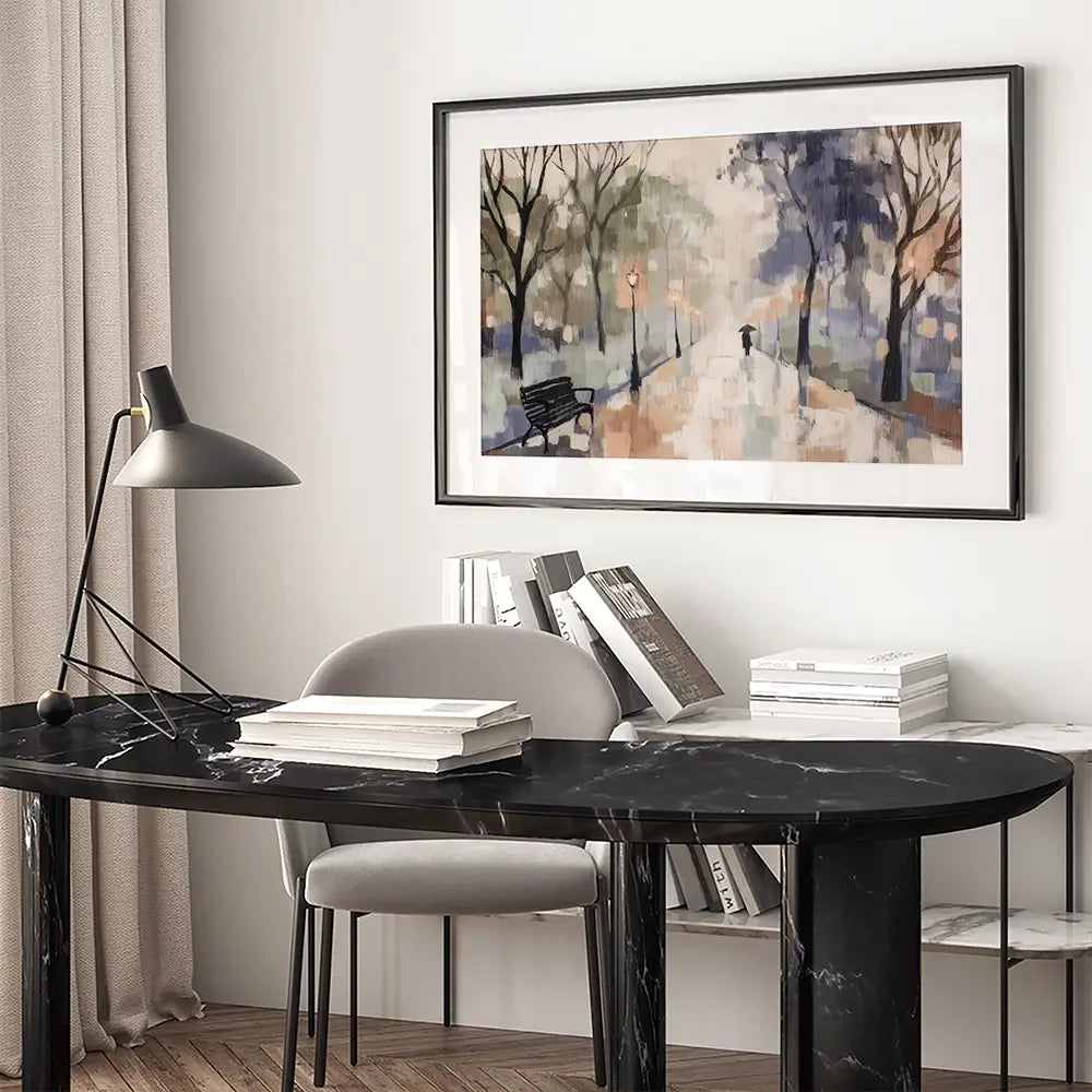 Rainy Day Park Stroll Framed Art Print Rainy Day Park Stroll Framed Art Print wall art product Chromatic Storm Studio