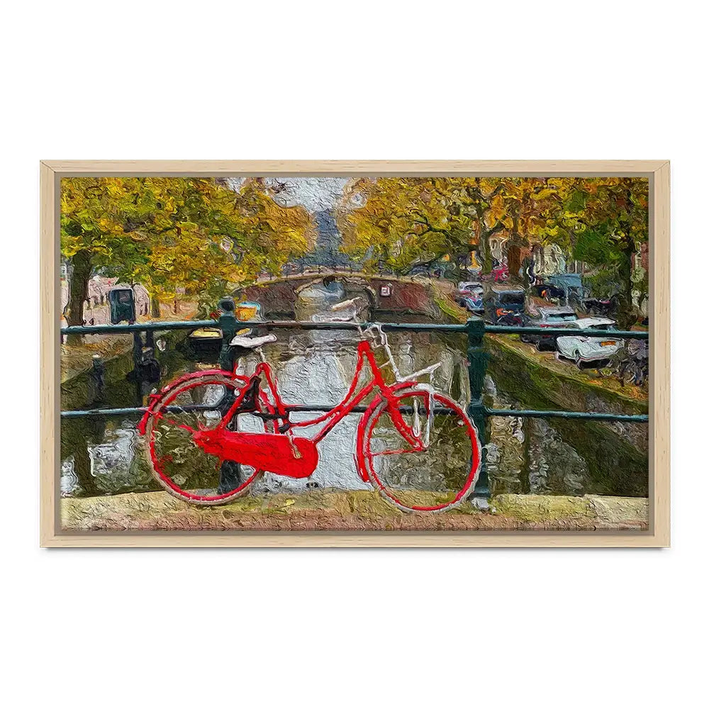 Red Bike In Amsterdam Canvas Print Red Bike In Amsterdam Canvas Print wall art product Wut_Moppie / Shutterstock