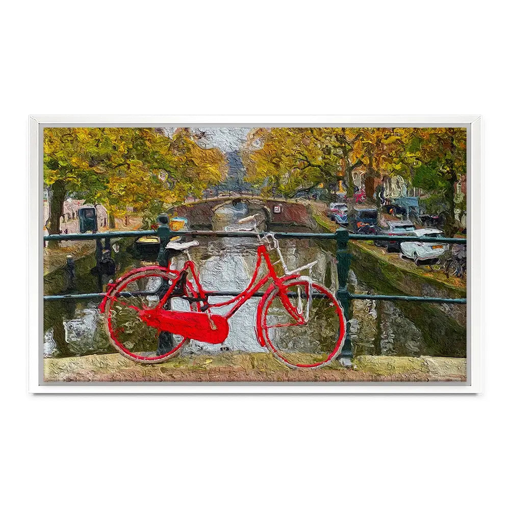 Red Bike In Amsterdam Canvas Print Red Bike In Amsterdam Canvas Print wall art product Wut_Moppie / Shutterstock