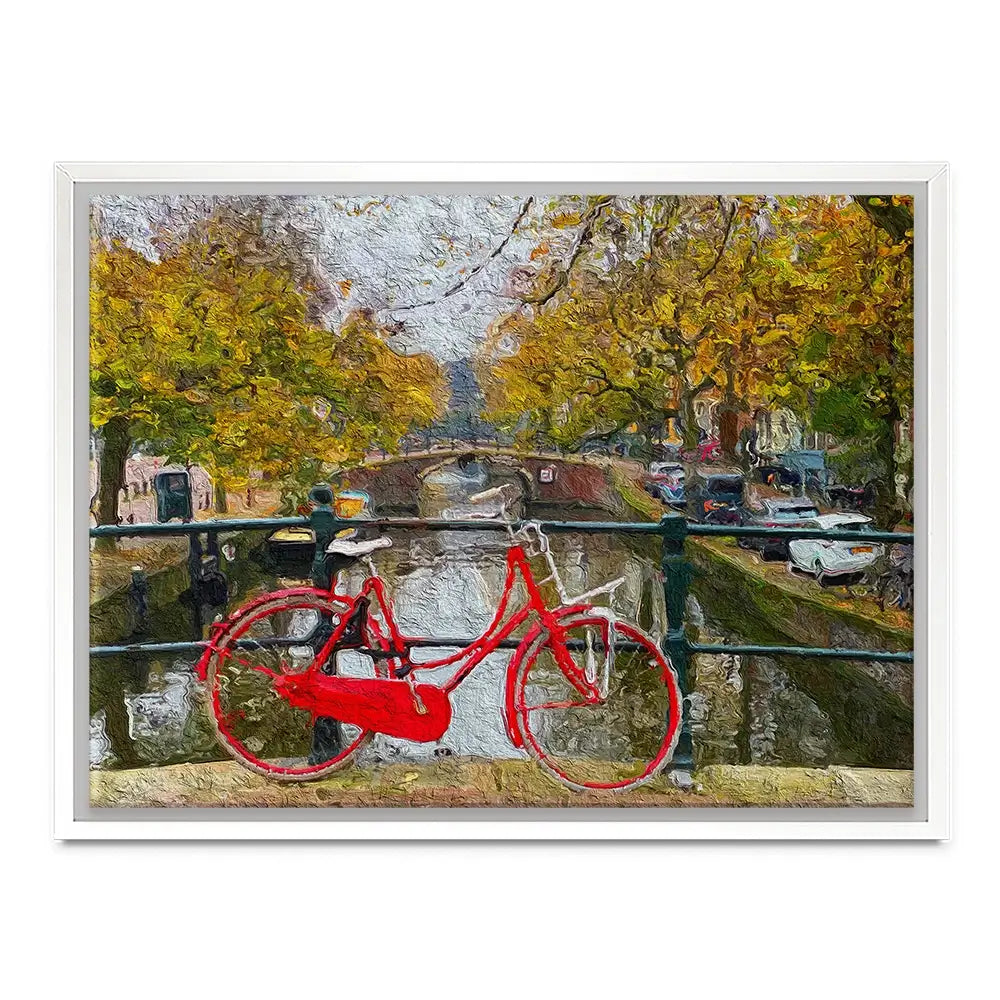 Red Bike In Amsterdam Canvas Print Red Bike In Amsterdam Canvas Print wall art product Wut_Moppie / Shutterstock