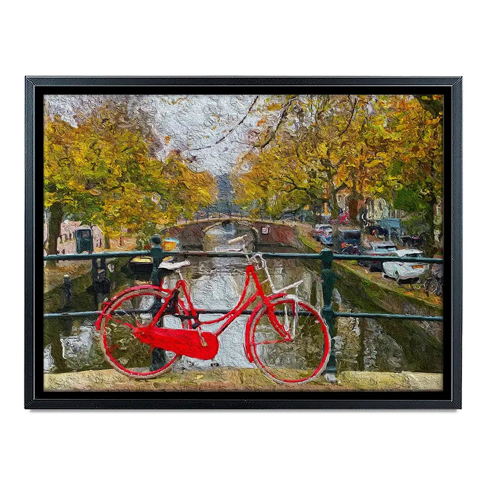 Red Bike In Amsterdam Canvas Print Red Bike In Amsterdam Canvas Print wall art product Wut_Moppie / Shutterstock