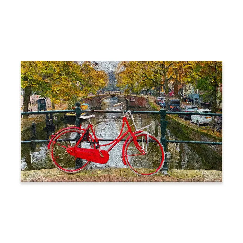 Red Bike In Amsterdam Canvas Print Red Bike In Amsterdam Canvas Print wall art product Wut_Moppie / Shutterstock