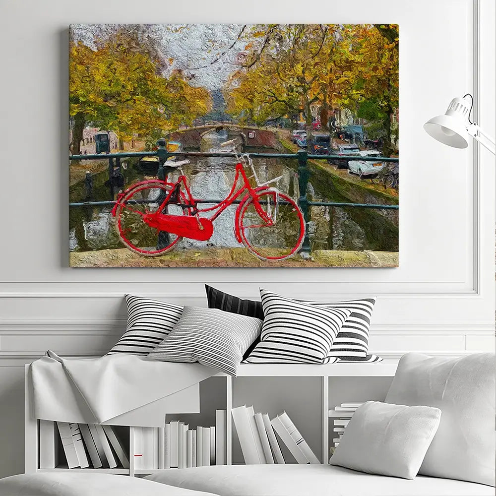 Red Bike In Amsterdam Canvas Print Red Bike In Amsterdam Canvas Print wall art product Wut_Moppie / Shutterstock