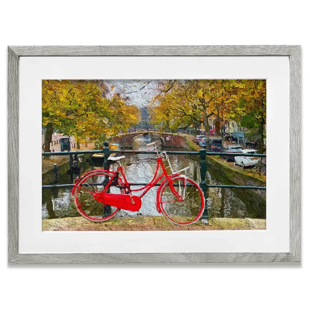 Red Bike In Amsterdam Framed Art Print Red Bike In Amsterdam Framed Art Print wall art product Wut_Moppie / Shutterstock