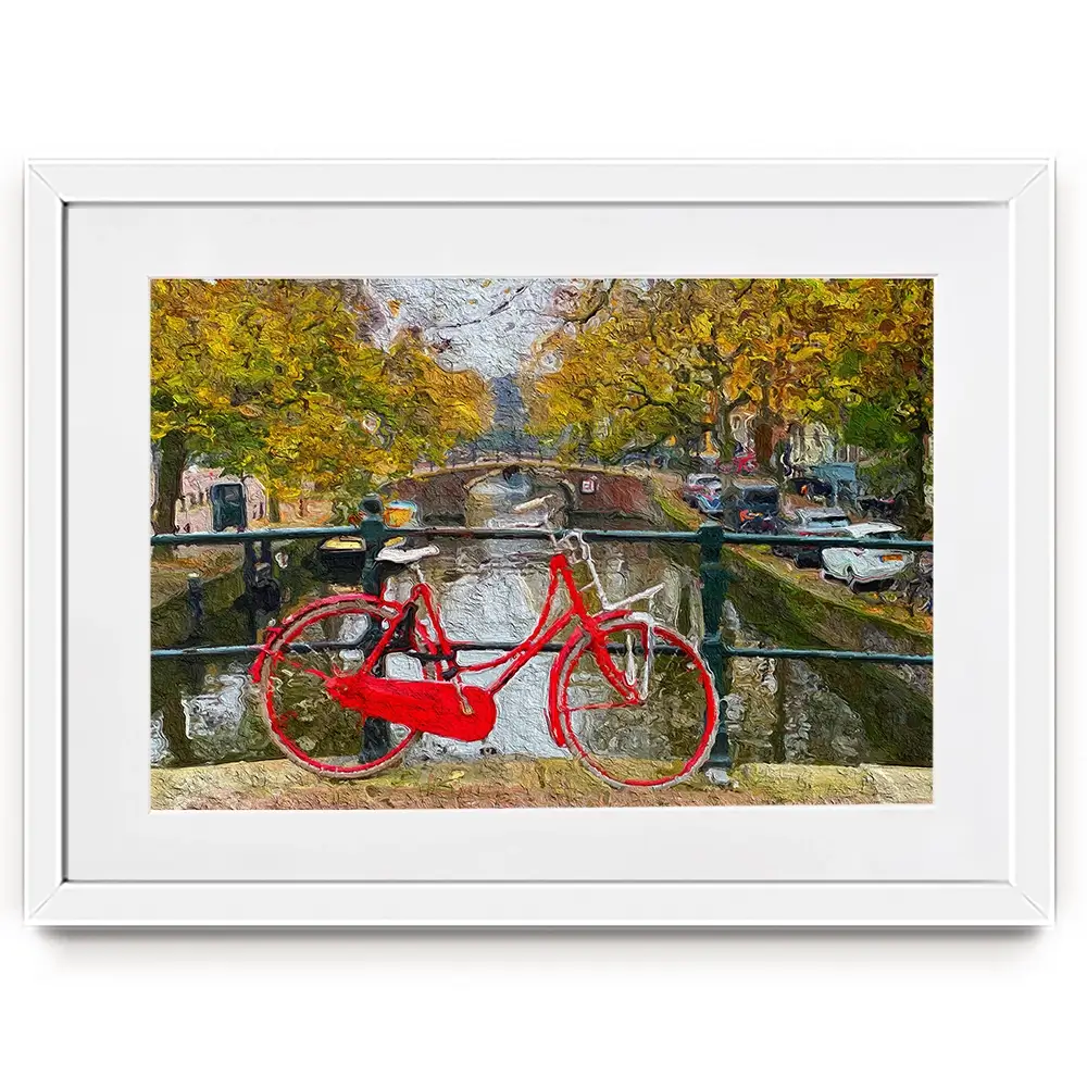 Red Bike In Amsterdam Framed Art Print Red Bike In Amsterdam Framed Art Print wall art product Wut_Moppie / Shutterstock