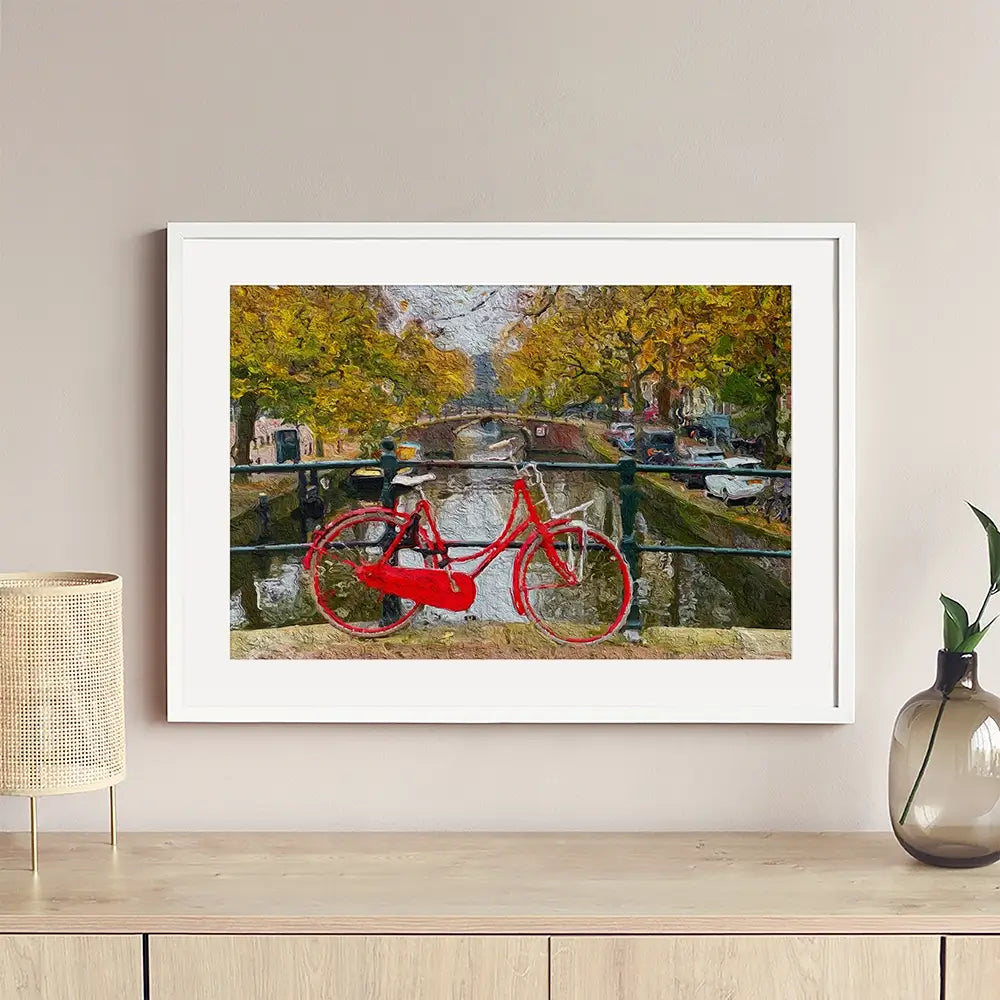 Red Bike In Amsterdam Framed Art Print Red Bike In Amsterdam Framed Art Print wall art product Wut_Moppie / Shutterstock