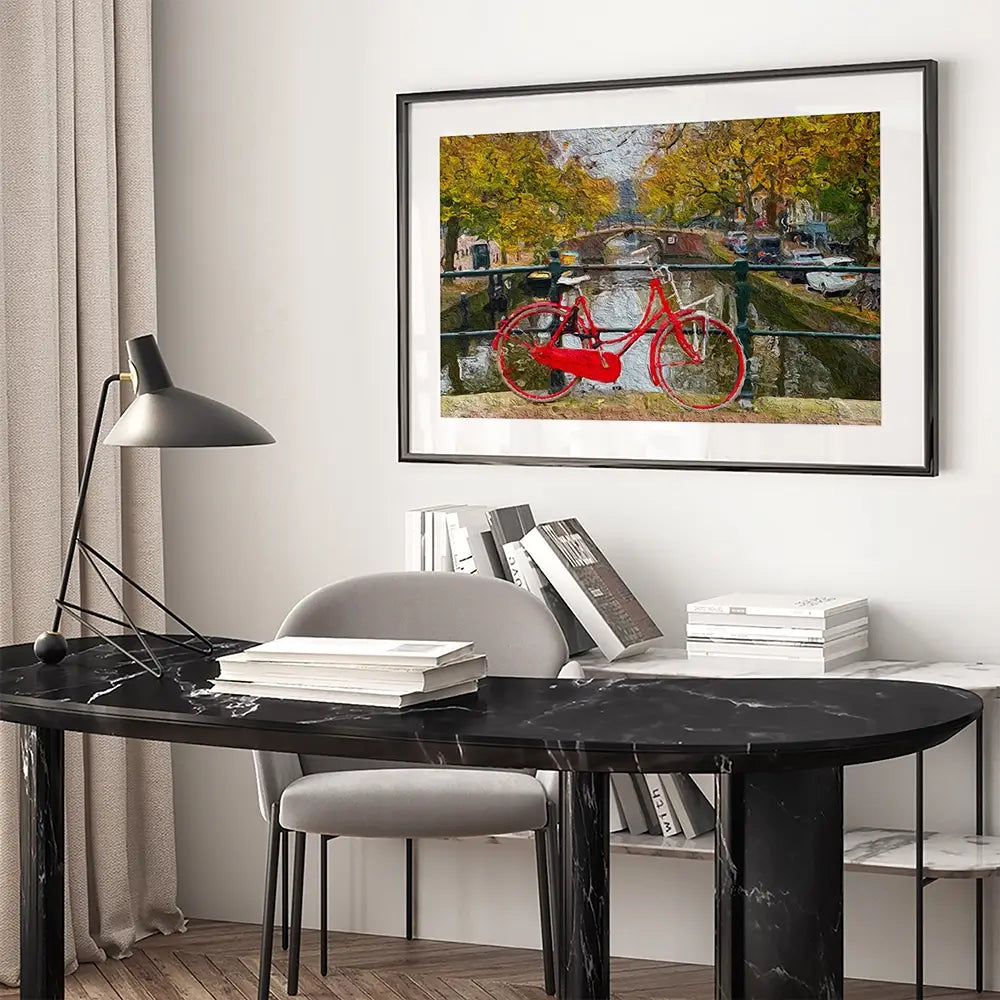 Red Bike In Amsterdam Framed Art Print Red Bike In Amsterdam Framed Art Print wall art product Wut_Moppie / Shutterstock