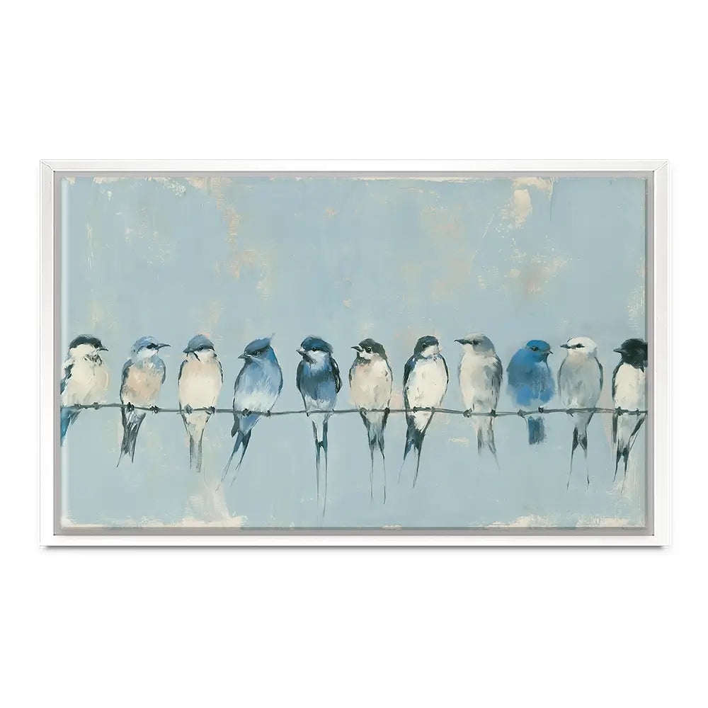 Row Of Birds On Wire Canvas Print Row Of Birds On Wire Canvas Print wall art product Chromatic Storm Studio