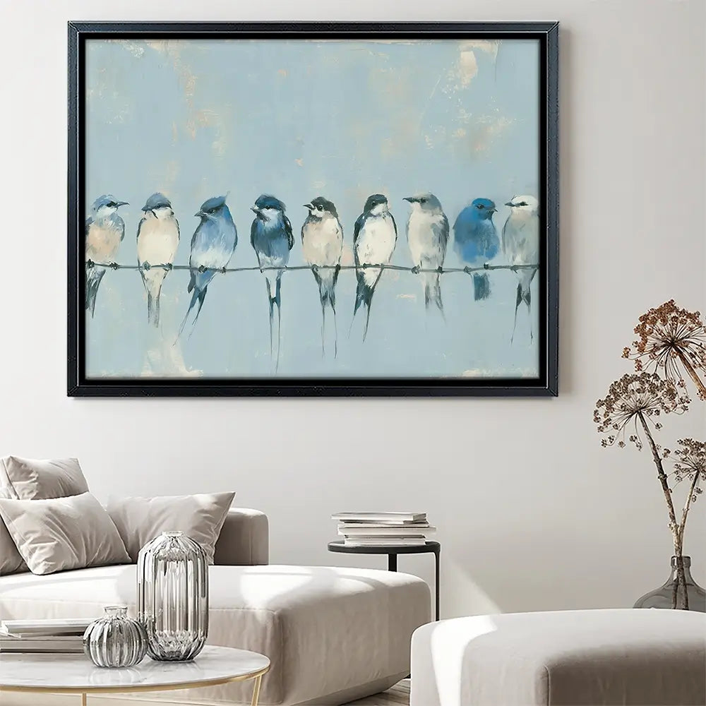 Row Of Birds On Wire Canvas Print Row Of Birds On Wire Canvas Print wall art product Chromatic Storm Studio