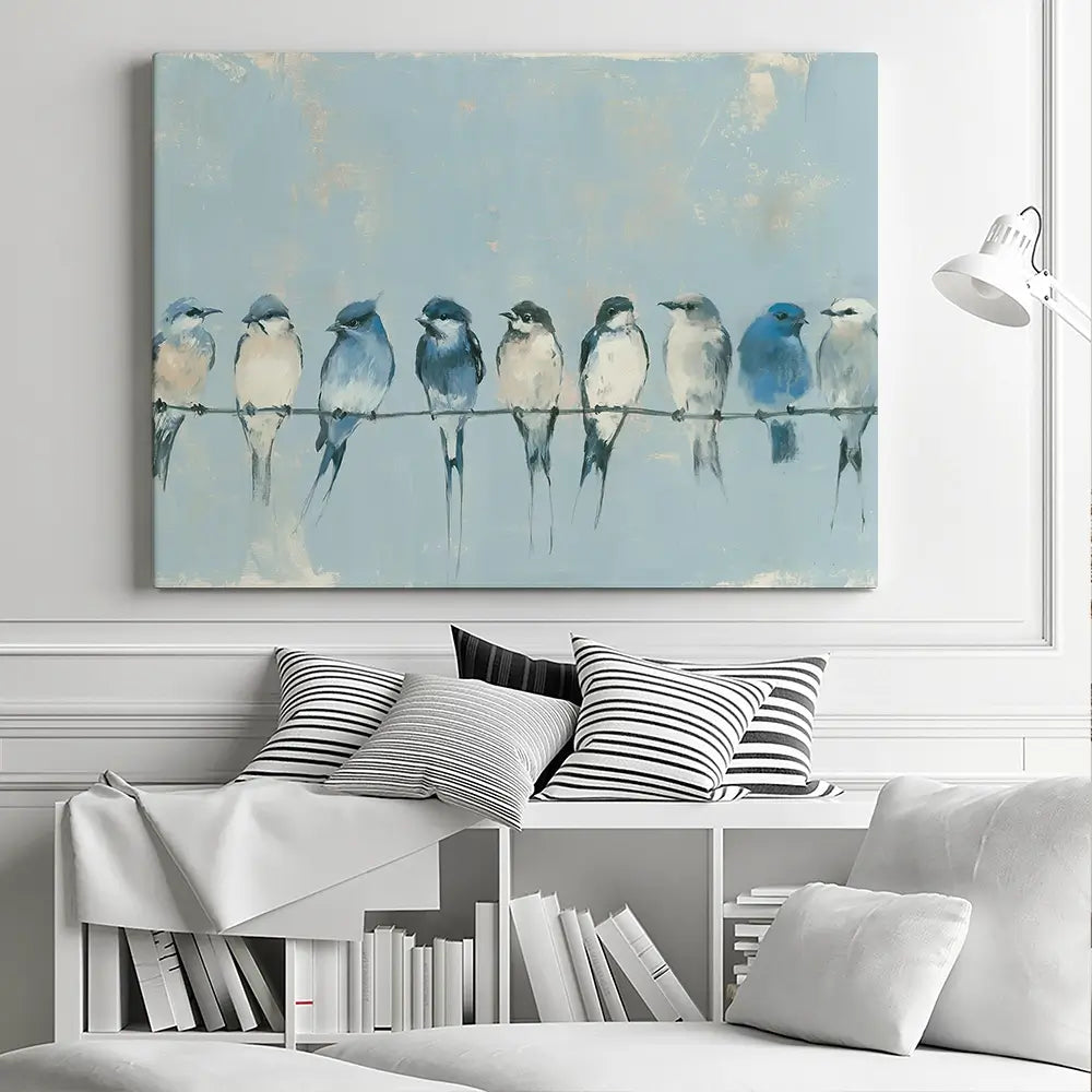 Row Of Birds On Wire Canvas Print Row Of Birds On Wire Canvas Print wall art product Chromatic Storm Studio