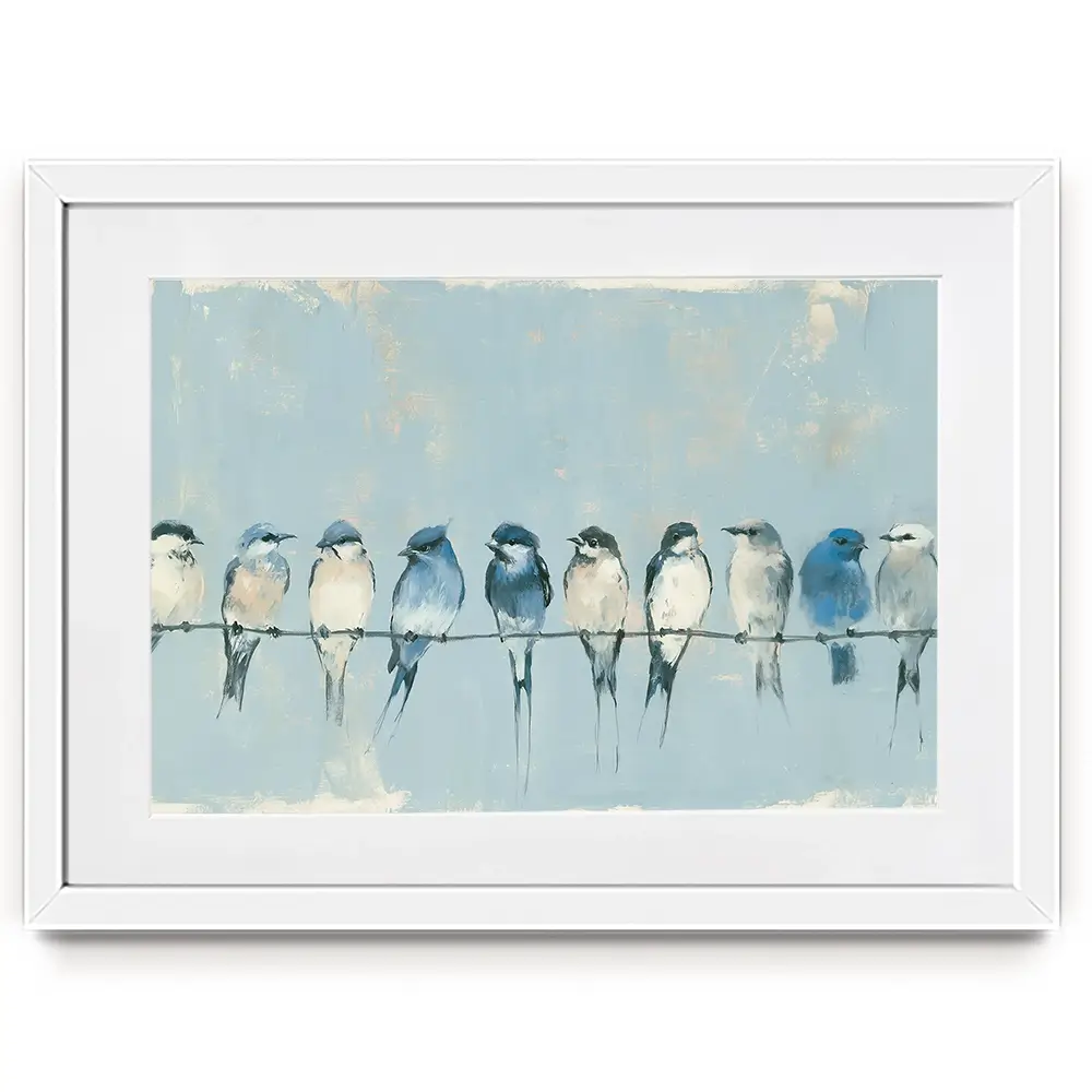 Row Of Birds On Wire Framed Art Print Row Of Birds On Wire Framed Art Print wall art product Chromatic Storm Studio