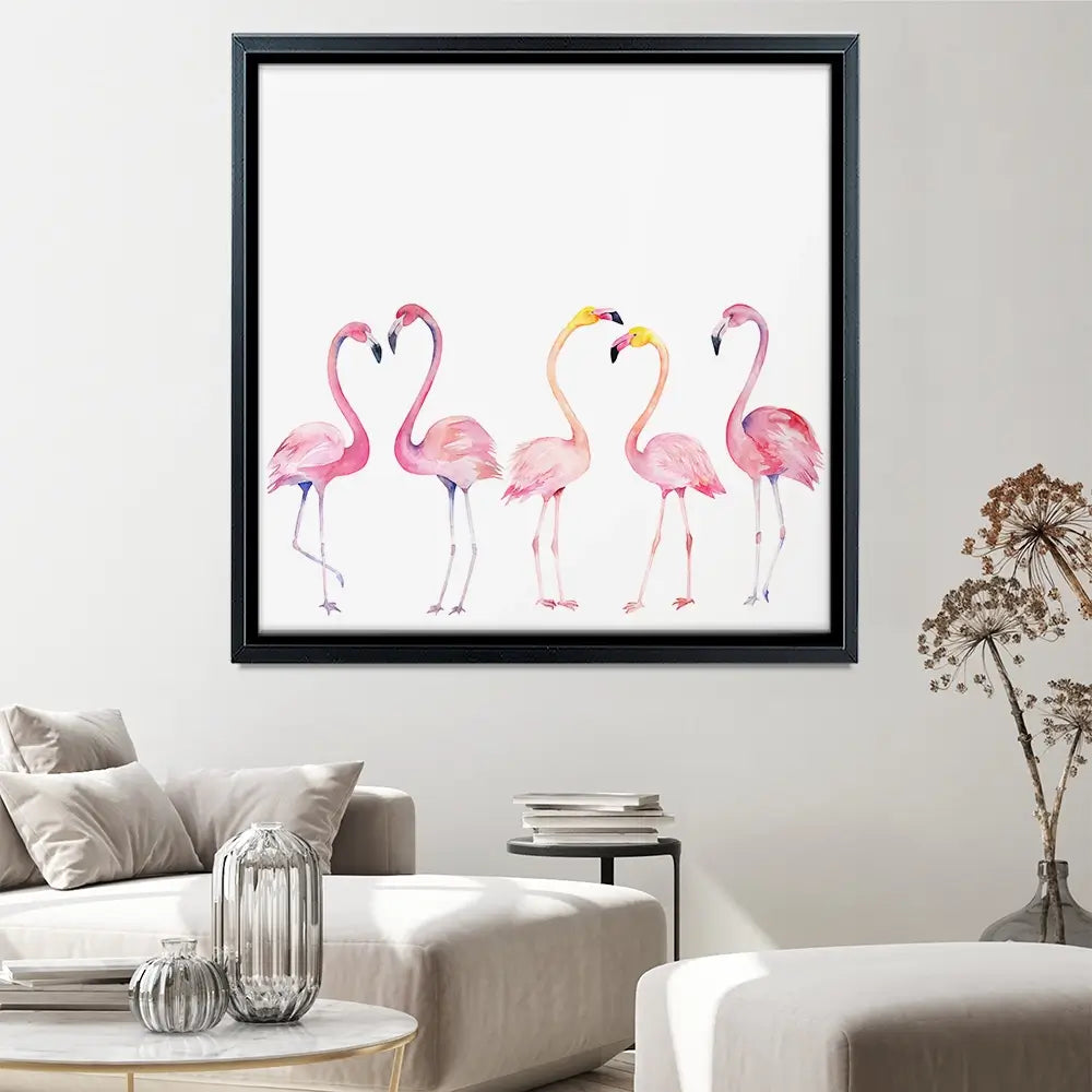 Row Of Flamingos Square Canvas Print Row Of Flamingos Square Canvas Print wall art product Art Print Shop