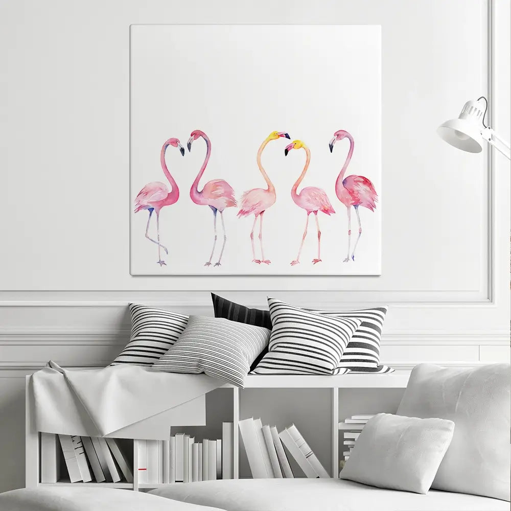 Row Of Flamingos Square Canvas Print Row Of Flamingos Square Canvas Print wall art product Art Print Shop