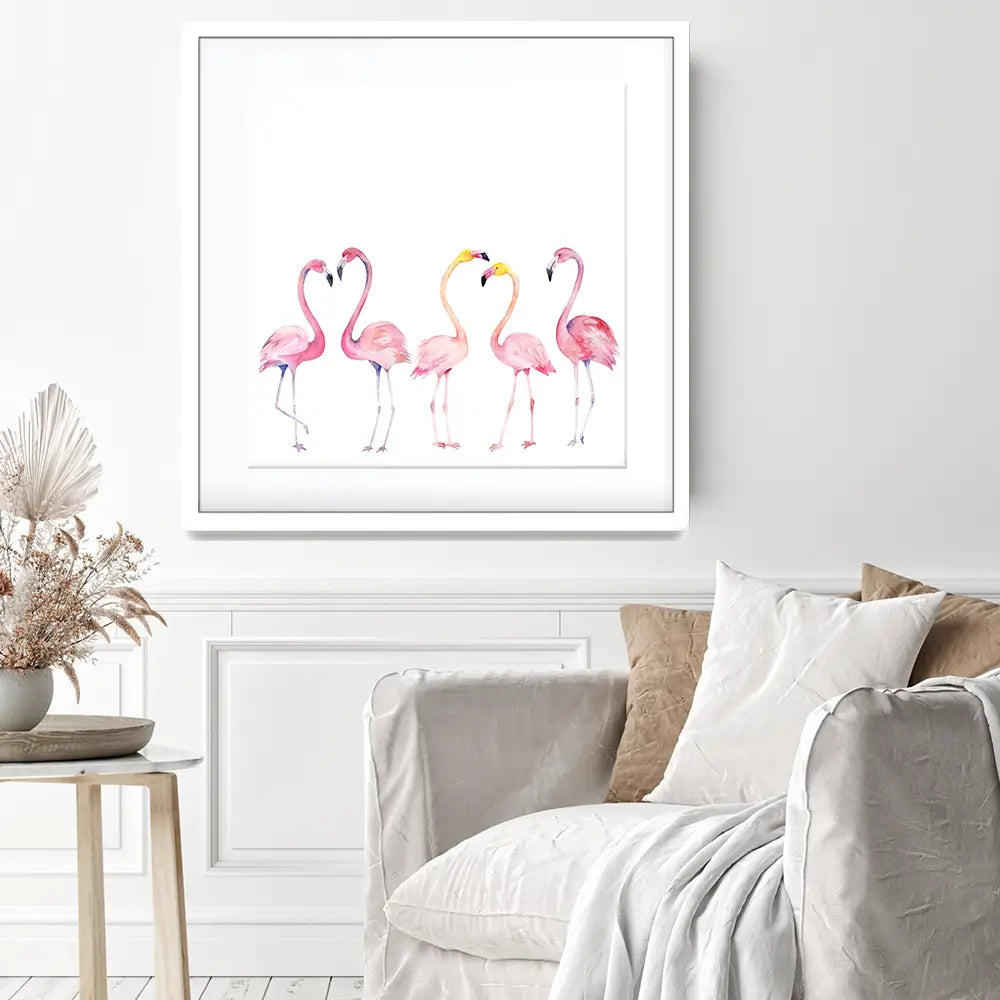 Row Of Flamingos Square Framed Art Print Row Of Flamingos Square Framed Art Print wall art product Art Print Shop