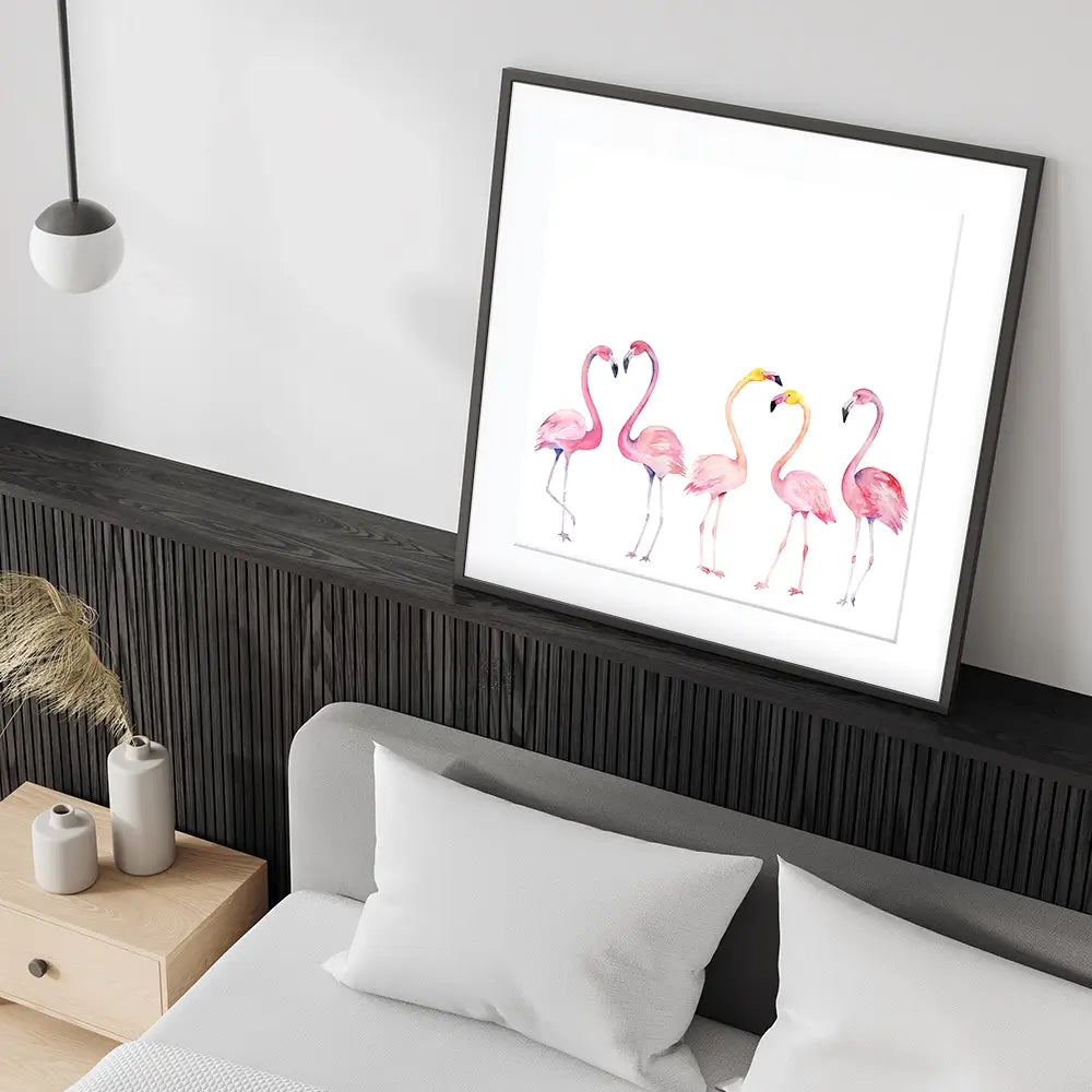 Row Of Flamingos Square Framed Art Print Row Of Flamingos Square Framed Art Print wall art product Art Print Shop