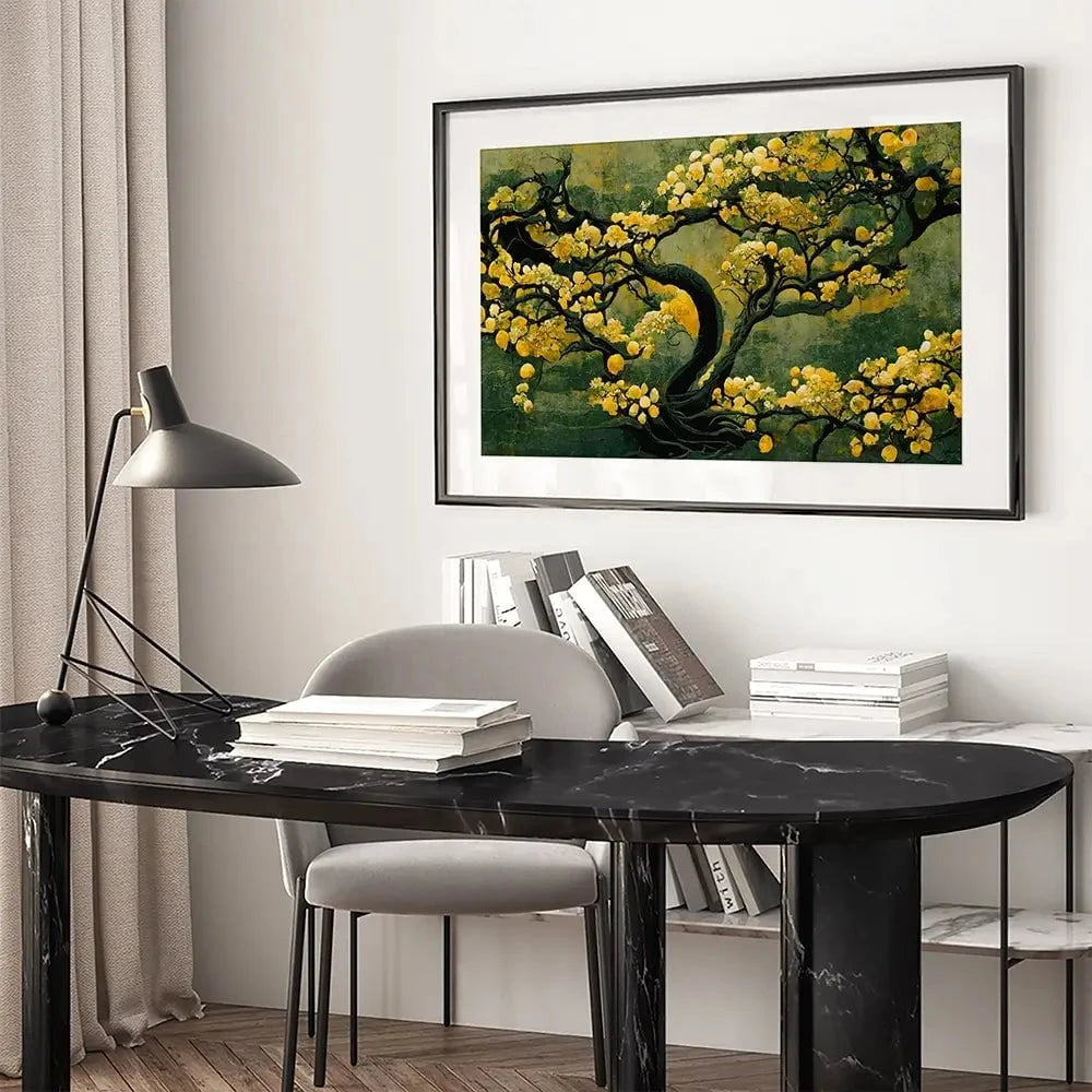 Sakura Tree In Yellow Framed Art Print Sakura Tree In Yellow Framed Art Print wall art product Treechild