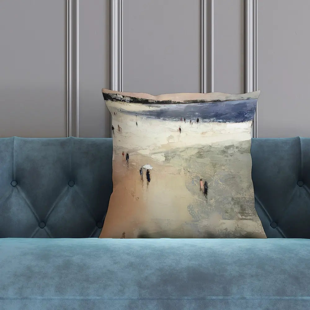 Sandy Beach With White Umbrella Cushion Sandy Beach With White Umbrella Cushion wall art product Chromatic Storm Studio