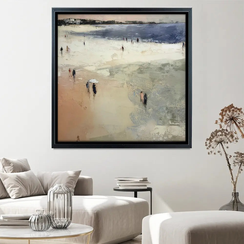 Sandy Beach With White Umbrella Square Canvas Print Sandy Beach With White Umbrella Square Canvas Print wall art product Chromatic Storm Studio