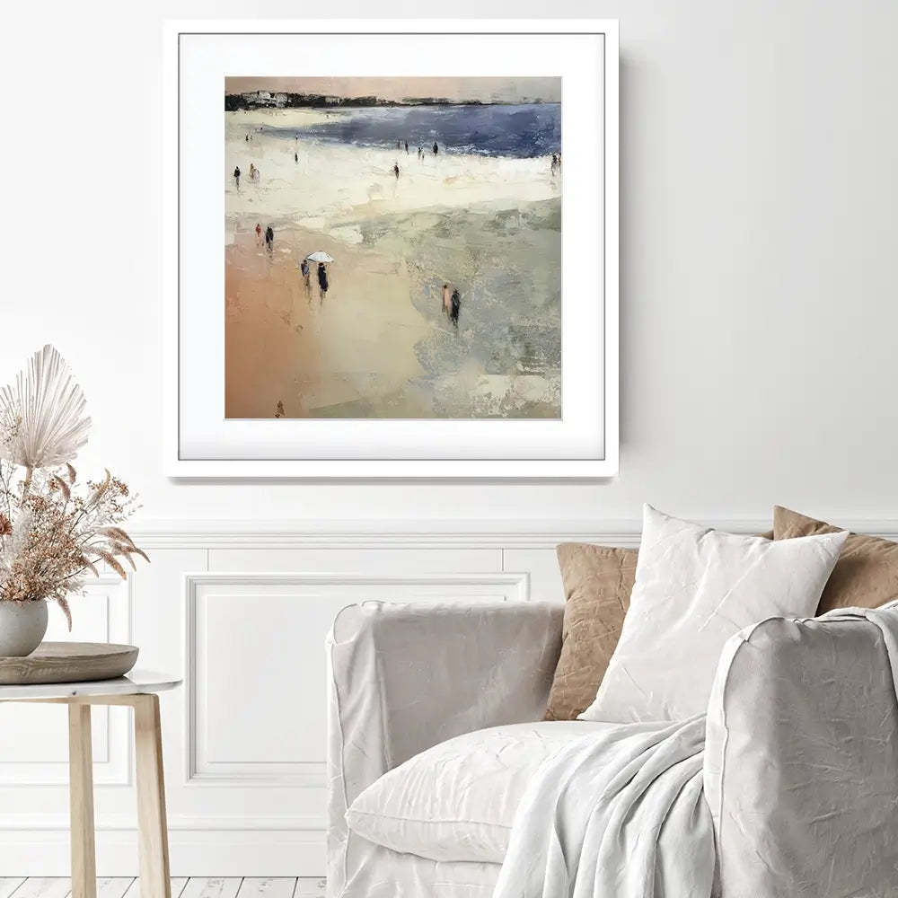 Sandy Beach With White Umbrella Square Framed Art Print Sandy Beach With White Umbrella Square Framed Art Print wall art product Chromatic Storm Studio