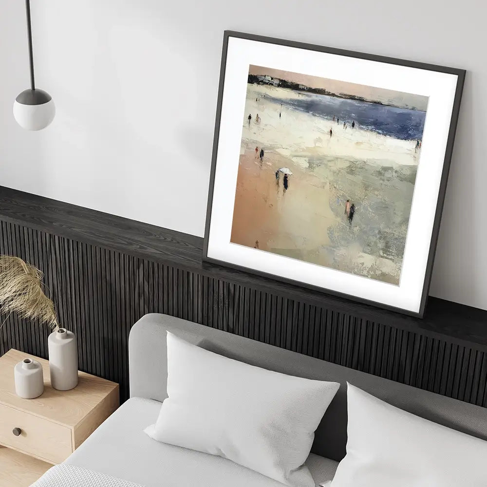 Sandy Beach With White Umbrella Square Framed Art Print Sandy Beach With White Umbrella Square Framed Art Print wall art product Chromatic Storm Studio