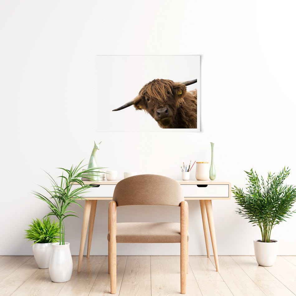 Side Peeking Highland Cow Art Print wall art product Massimo Cavallo / Shutterstock