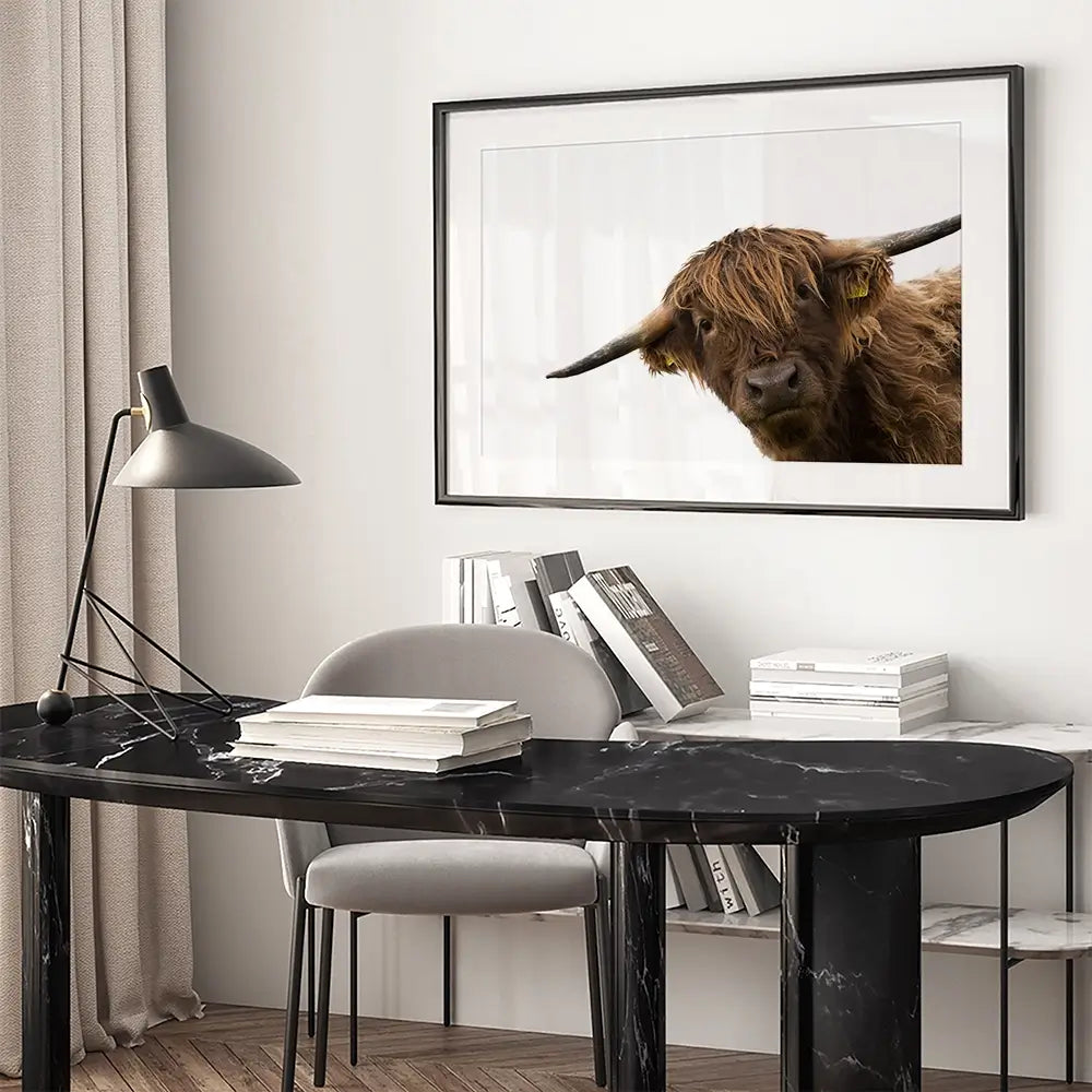 Side Peeking Highland Cow Framed Art Print Side Peeking Highland Cow Framed Art Print wall art product Massimo Cavallo / Shutterstock