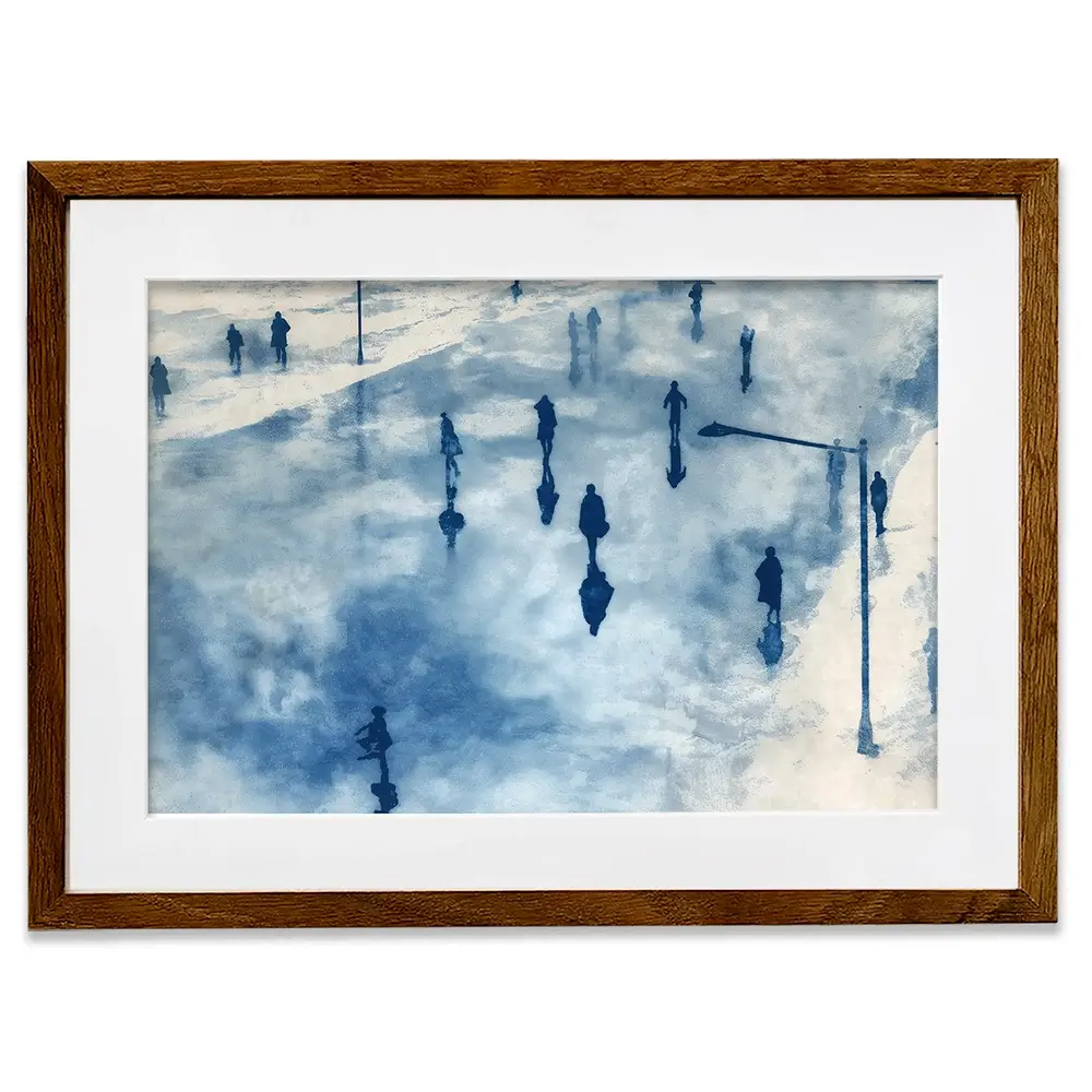 Snowy City Plaza With Walking Figures Framed Art Print Snowy City Plaza With Walking Figures Framed Art Print wall art product Chromatic Storm Studio