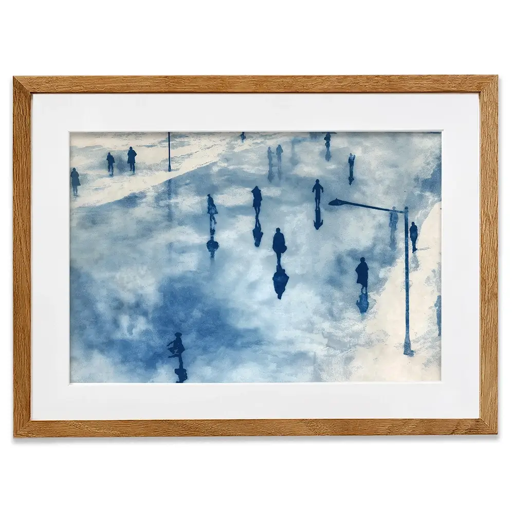 Snowy City Plaza With Walking Figures Framed Art Print Snowy City Plaza With Walking Figures Framed Art Print wall art product Chromatic Storm Studio