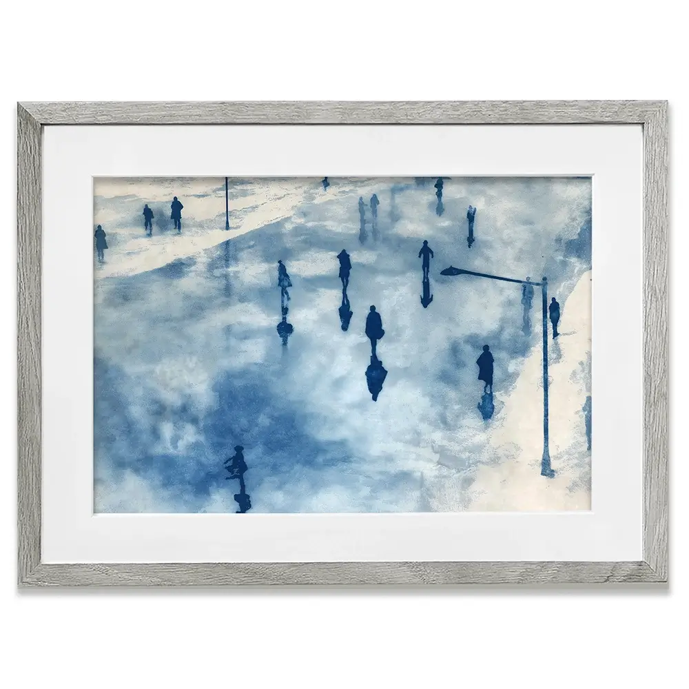 Snowy City Plaza With Walking Figures Framed Art Print Snowy City Plaza With Walking Figures Framed Art Print wall art product Chromatic Storm Studio