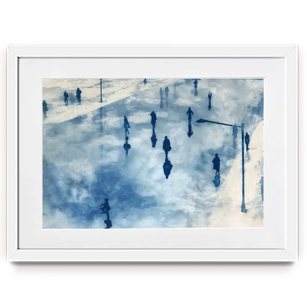 Snowy City Plaza With Walking Figures Framed Art Print Snowy City Plaza With Walking Figures Framed Art Print wall art product Chromatic Storm Studio