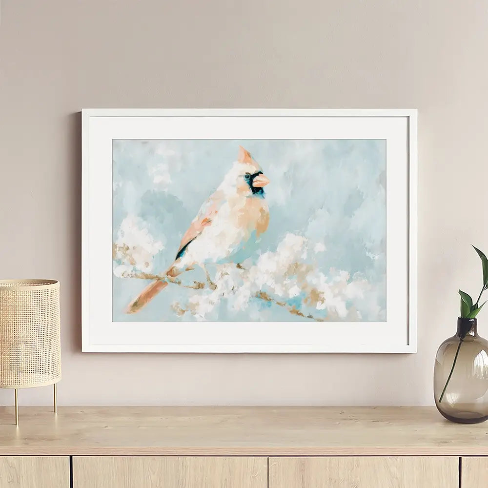 Soft Cardinal On Snowy Branch Framed Art Print Soft Cardinal On Snowy Branch Framed Art Print wall art product Chromatic Storm Studio