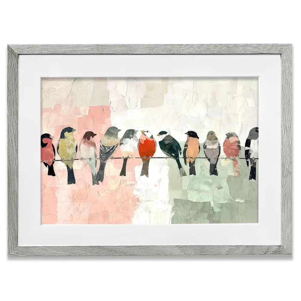 Songbirds On A Wire Framed Art Print Songbirds On A Wire Framed Art Print wall art product Chromatic Storm Studio
